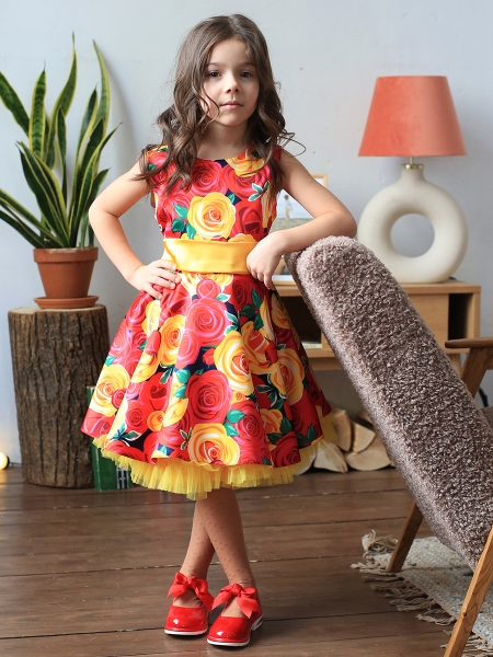 Платье для девочки нарядное БУШОН ST30, стиляги цвет красный/желтый пояс желтый, принт цветы - Платья СТИЛЯГИ